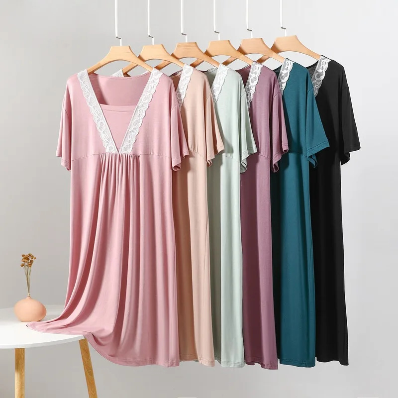 

Summer Modal Lace Princess Sleepwear Dress Female Loose Short Sleeve Nightgown Women Thin Plus Size Homewear Casual Nightdress