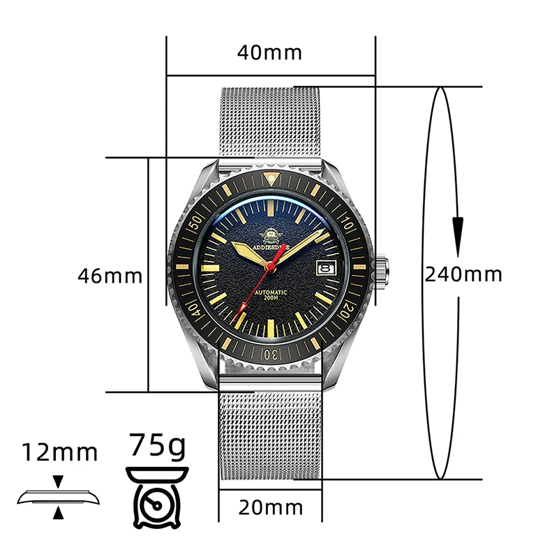 ADDIESDIVE Luminous Sapphire Mechanical Watches for Men Luxury Milanese Strap Automatic Watch Calendar Waterproof Diver Watch