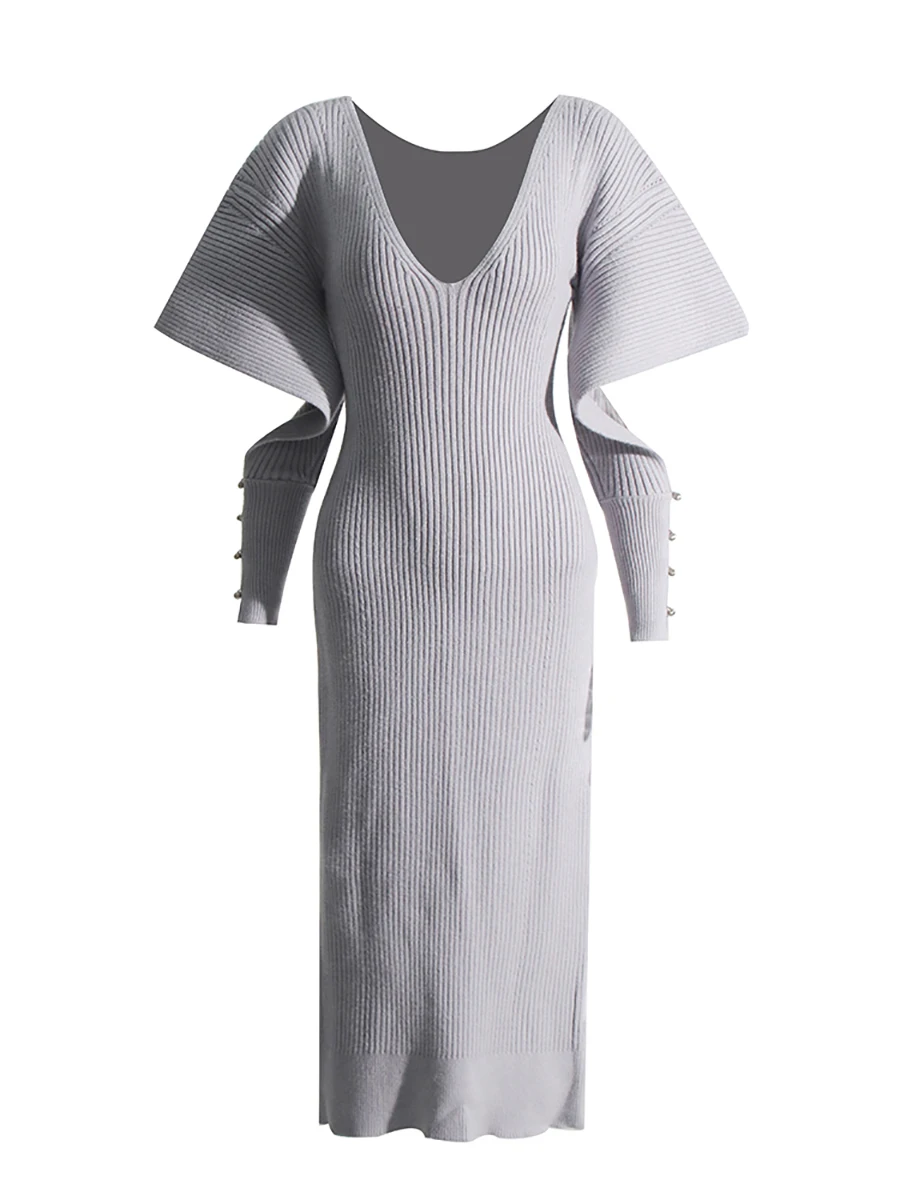 VGH Sexy Fashion Party Irregular Sleeve Mid Dress for Women Deep Neck Patchwork Cut Out Designer Knitted Bodycon Dresses Female