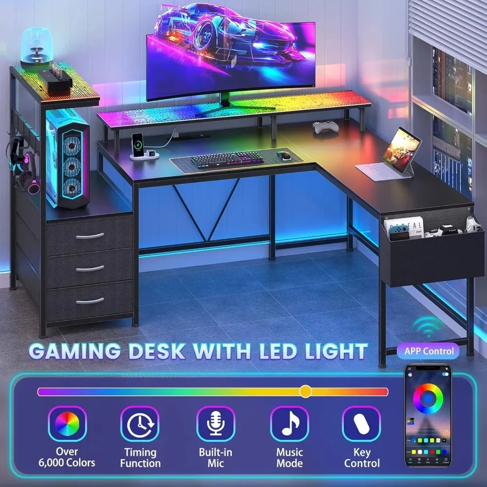 63" L-Shaped LED Gaming Desk with Drawers 3