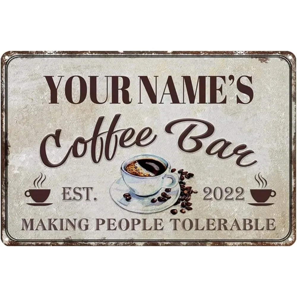 Custom Retro Coffee‑Bar Tin Metal Sign, Personalized Name Vintage Wall Plaque for Home Bar Decor‑Only