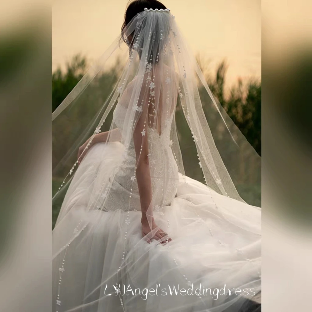 New Arrive One Layer Pearls Wedding Veil with Comb Romantic Floral Bridal Veil Wedding Accessories