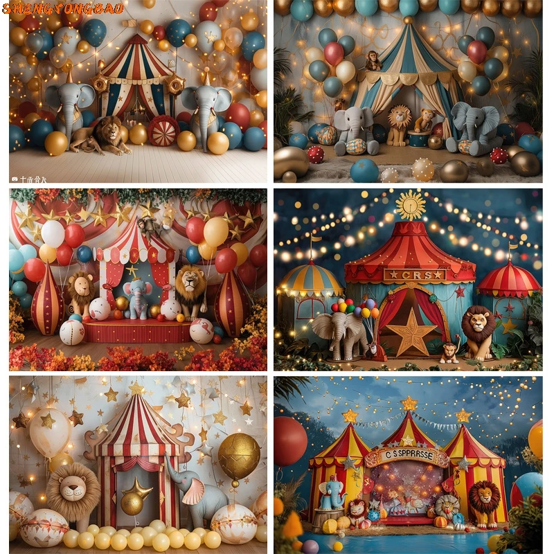 SHENGYONGBAO Circus Tent With Striped Canopy Popcorn Photography Backdrops Balloons Birthday Party Decor Animal Background SD-05