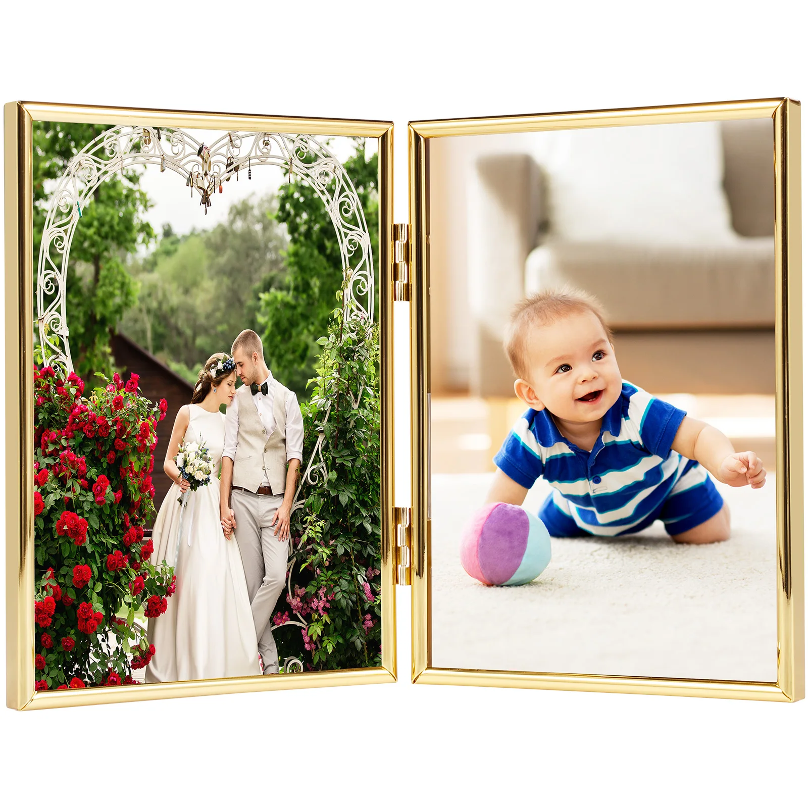 

Double Picture Frame 7 x 5Inch Metal Hinged 2 Photos Frame Desk Picture Frame with Glass Folding Photo Frames for Wedding