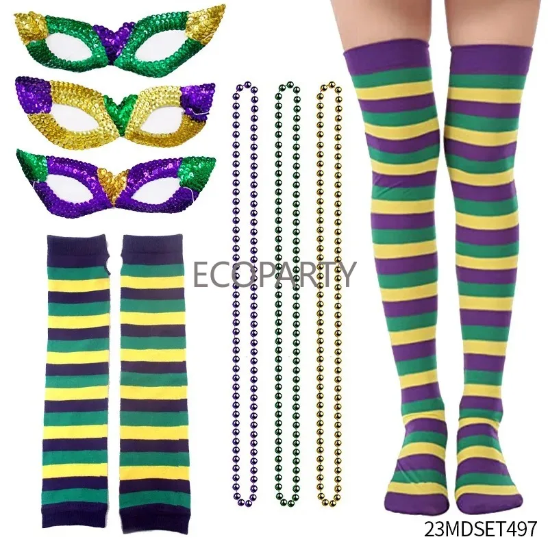 Mardi Gras Costume Accessory Set Skirt Headbands Mardi Gras Beads Socks for Women Party Carnival Women Costume