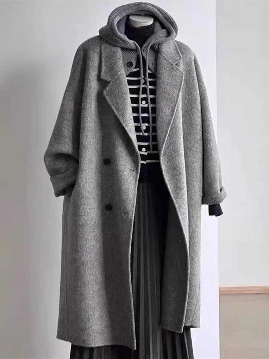 Dark Gray Double-Sided Woolen Coat For Women In Autumn And Winter 2025, New Hepburn Style High-End Mid Length Jacket