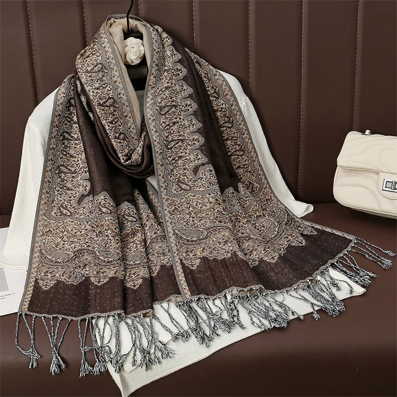 Tassel Blanket Design Thick Pashmina New Winter Warm Shawl Wrap Cashmere Jacquard Scarf Women Neckerchief Poncho Stoles 2024