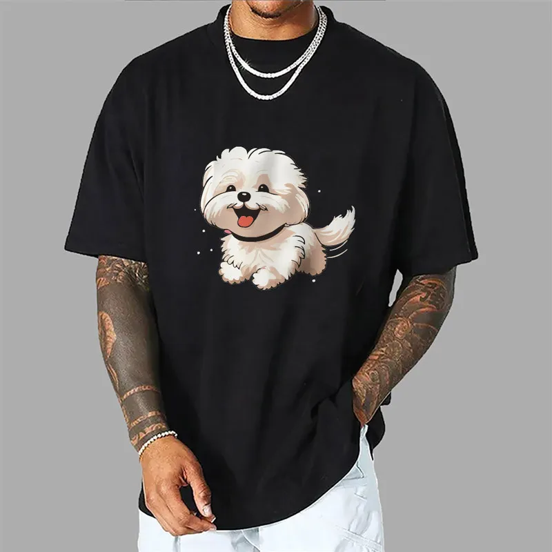 Dog Print Men Tshirt  Cotton Round Neck T-shirt with Loose Short Sleeves and Casual Printed Tops Tee Shirt Homme