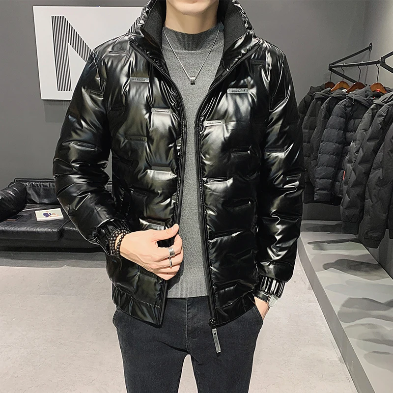 

2022 New Men Bright Leather Coat Thicken Warm Winter Stand collar Jacket Casual Parka Outwear Waterproof Down Jacket Clothing