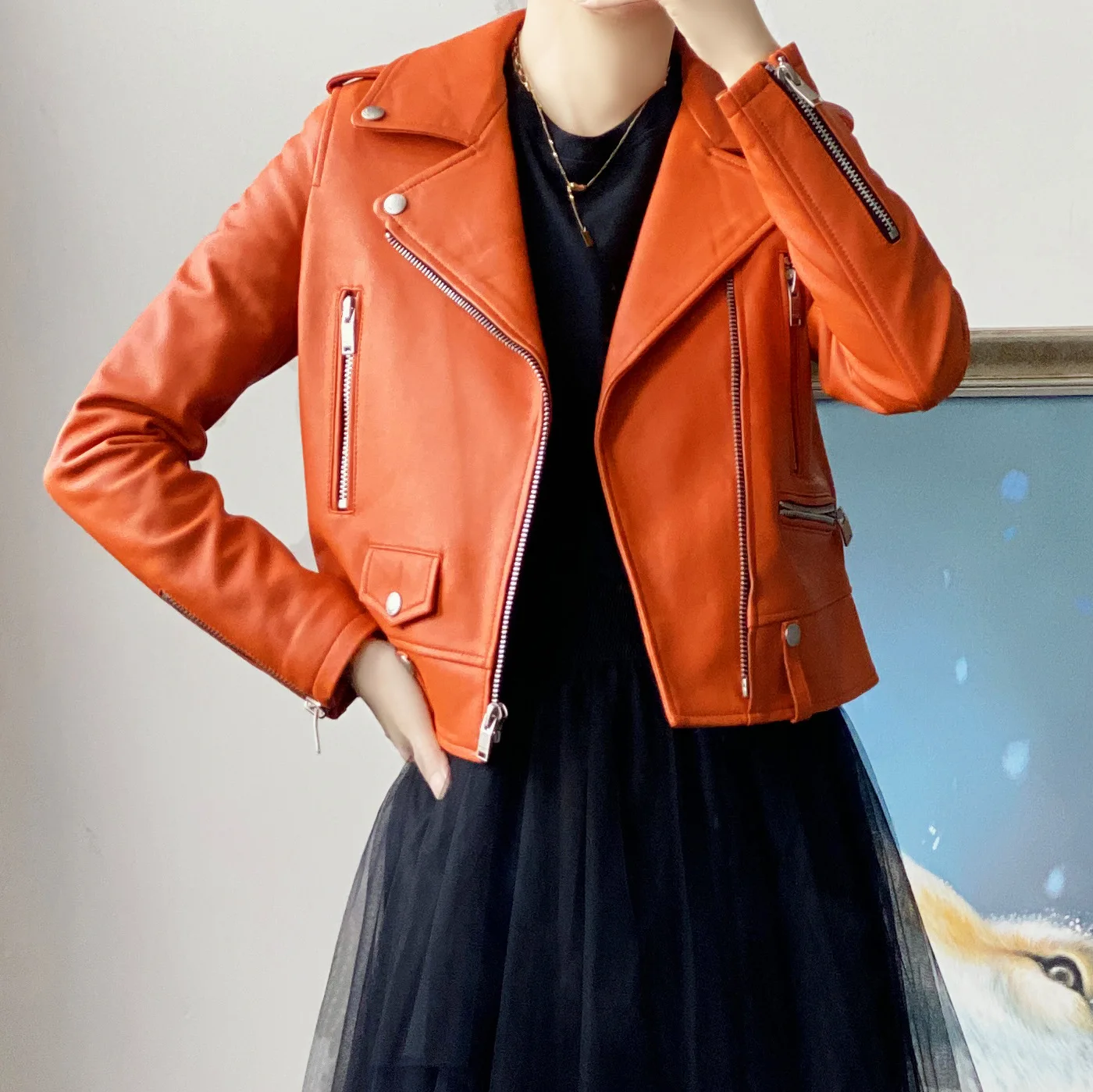 Genuine leather jacket new trendy motorcycle style with asymmetrical pull and slimming sheepskin top jacket