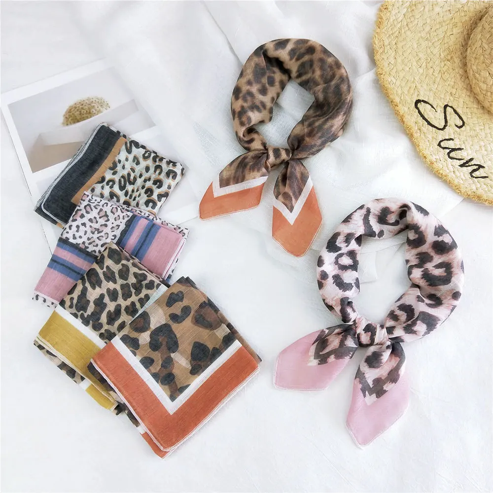 58*58cm Cotton Linen Leopard Grain Women Girls Square Hair Scarf Hairscarf Headscarf Neck Ring Bandana Turban Wrap Shawl Hijab