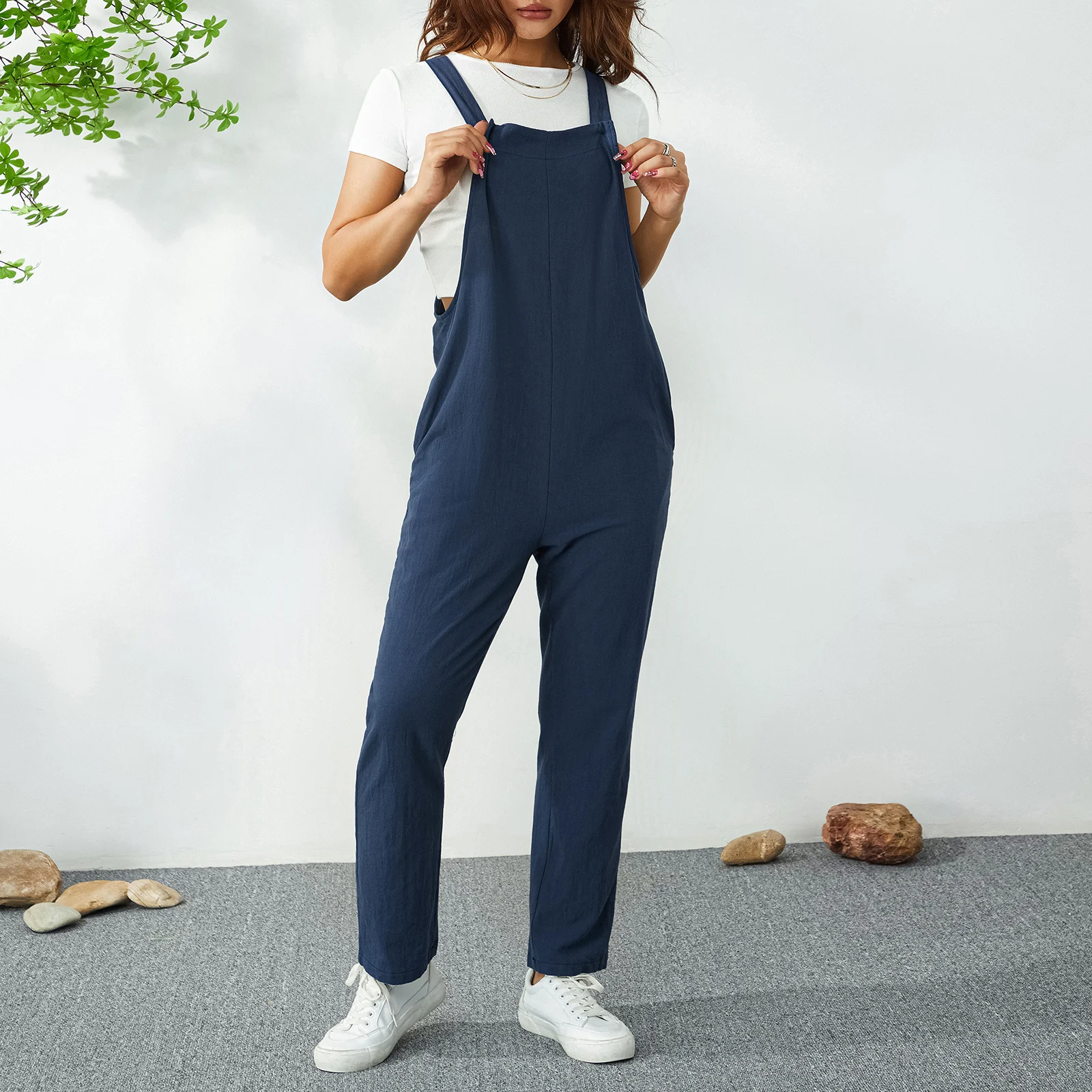 

Women Oversized Jumpsuit Autumn Jeans Overalls Bib Solid Pockets Rompers Vintage Dungarees Blue Basic Jean Pants