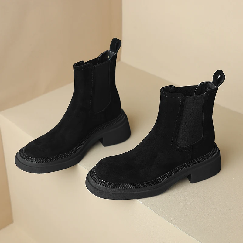 Stivaletti da donna in pelle scamosciata di pecora Slip-on punta tonda tacchi spessi stivali corti da donna 2024 autunno inverno nuove scarpe con