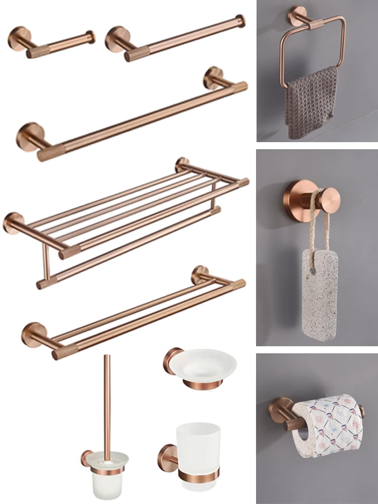 Geborsteld Rose Goud Roestvrij Staal Badkamer Hardware Set Handdoekenrek Kapstok Handdoekstang Toiletrolhouder Zeepbakje Accessoires - afbeelding 2