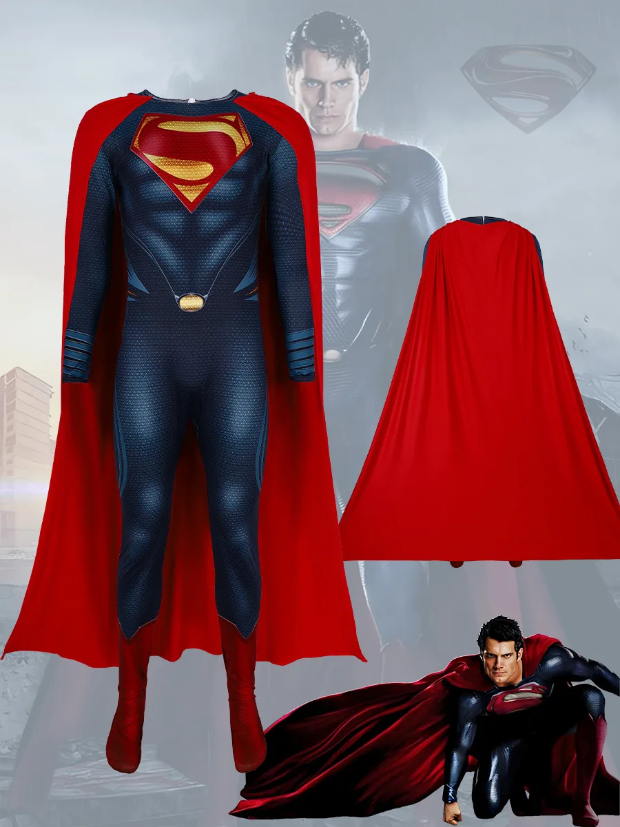 Halloween Adults Kids The Man of Steel Jumpsuit  Cosplay Costume Zentai Suit Superhero 3D Printed Clark Kent Bodysuit with Cloak