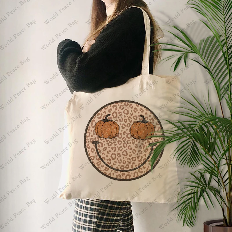 1 pc Hello fall Halloween Pumpkin pattern Tote Bag Canvas Shoulder Bag For Travel Daily Commute Women's Reusable Shopping Bag