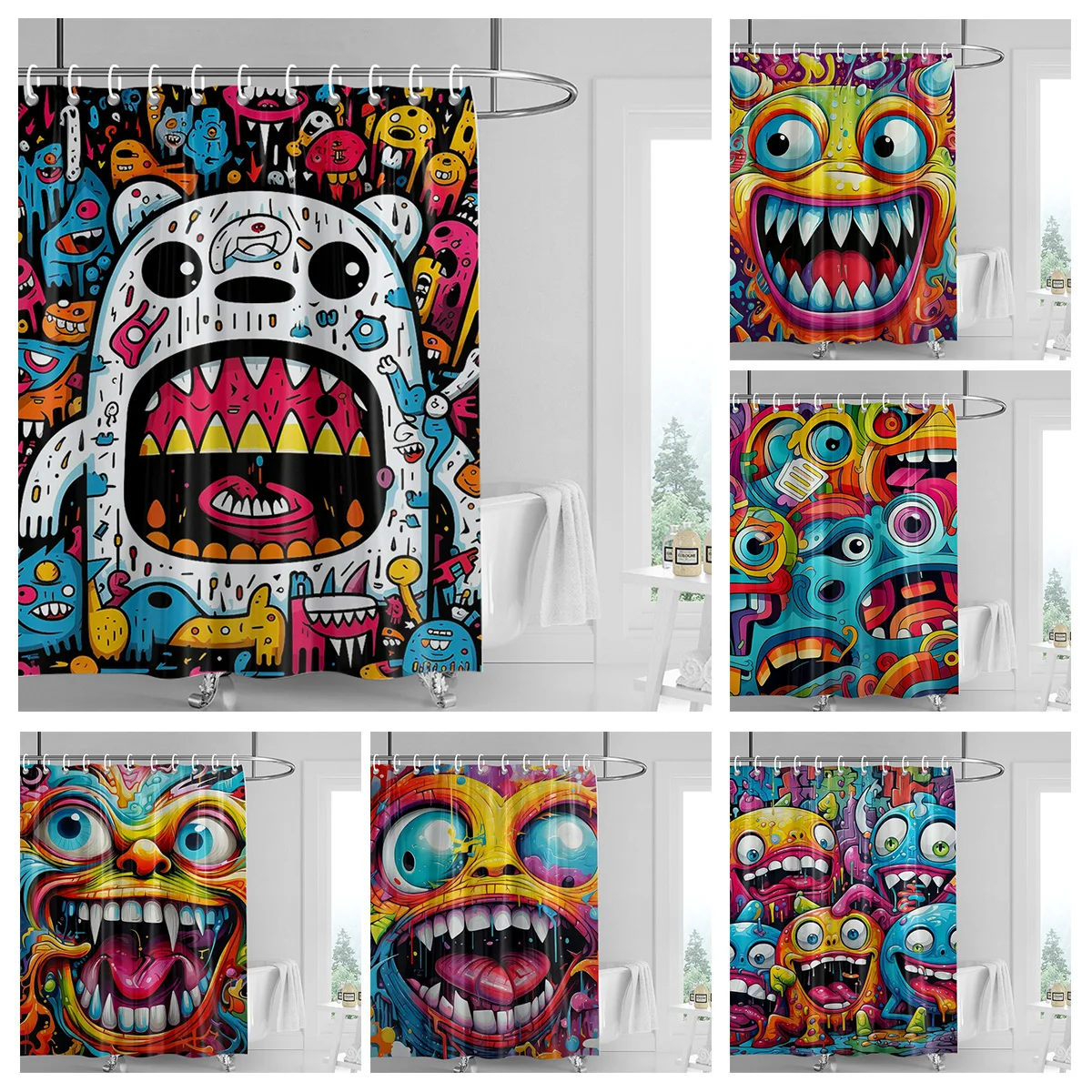 Bold Expressive Face Shower Curtain - Waterproof & Anti-Mold Vibrant Art Print（Blue/Red/Yellow Modern Bathroom Decor）