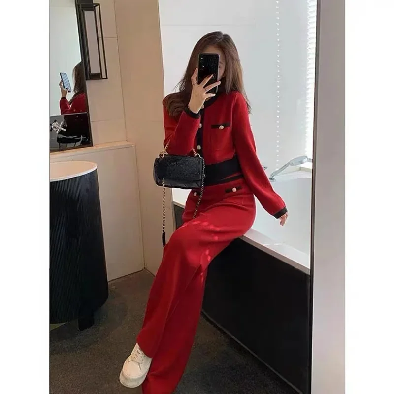 Knitted White Wide Leg Pants Suits Vintage Fall O Neck Red Cardigan Knitwear Sweaters Korean Fashion Two Piece Sets Coat