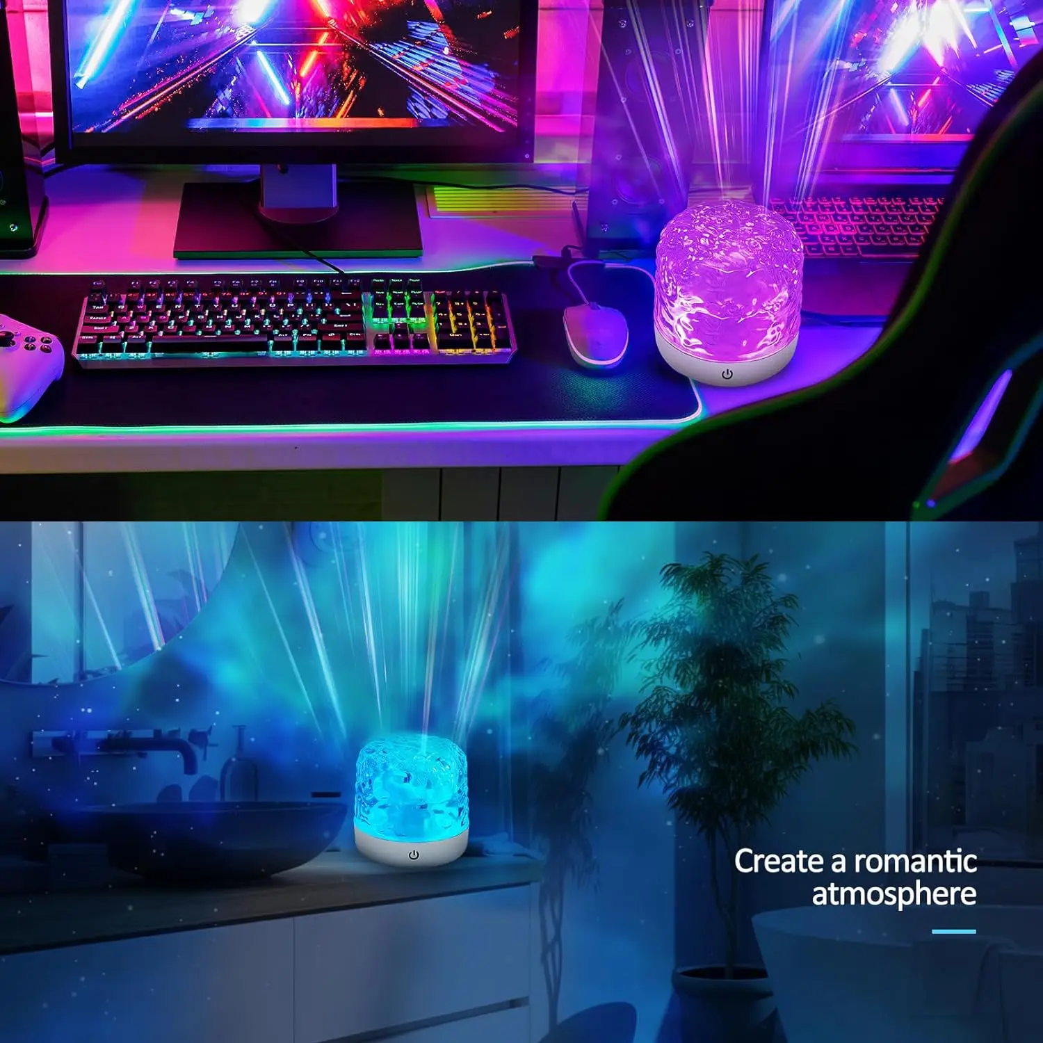 Water Ripple Projector Crystal Lamp with Bluetooth Speaker Led Night Light Bedroom Sunset Dynamic Projector Room Atmosphere Lamp