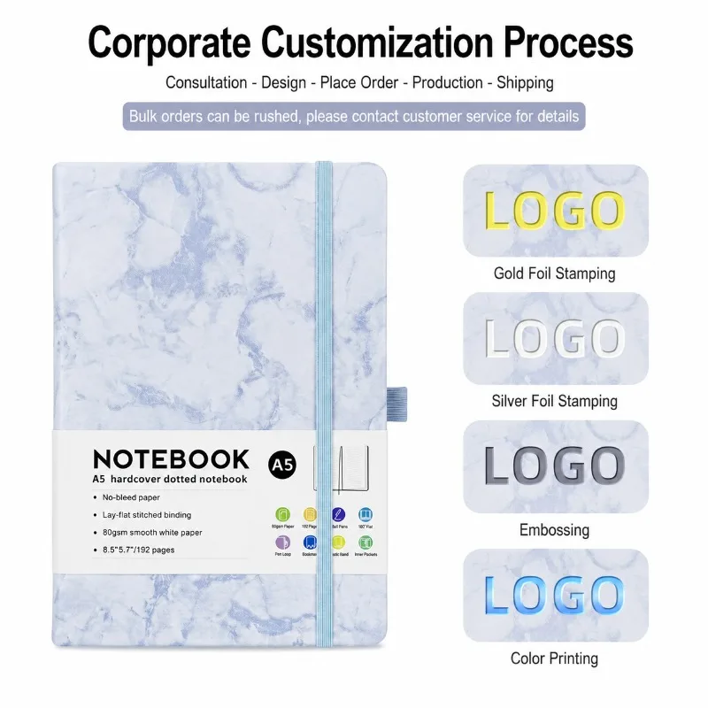 Marble Grain Hardcover Journal Custom Imprint Elastic Strap Closure Elegant Business Memo Thick Lined Sheets Office Desk