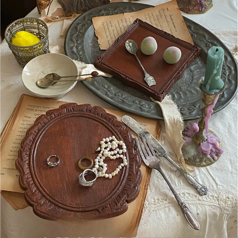 French Vintage Wooden Tray Retro Carved Storage Plate Cafe Table Decor Jewelry Photograph Prop for Restaurant Home Styling