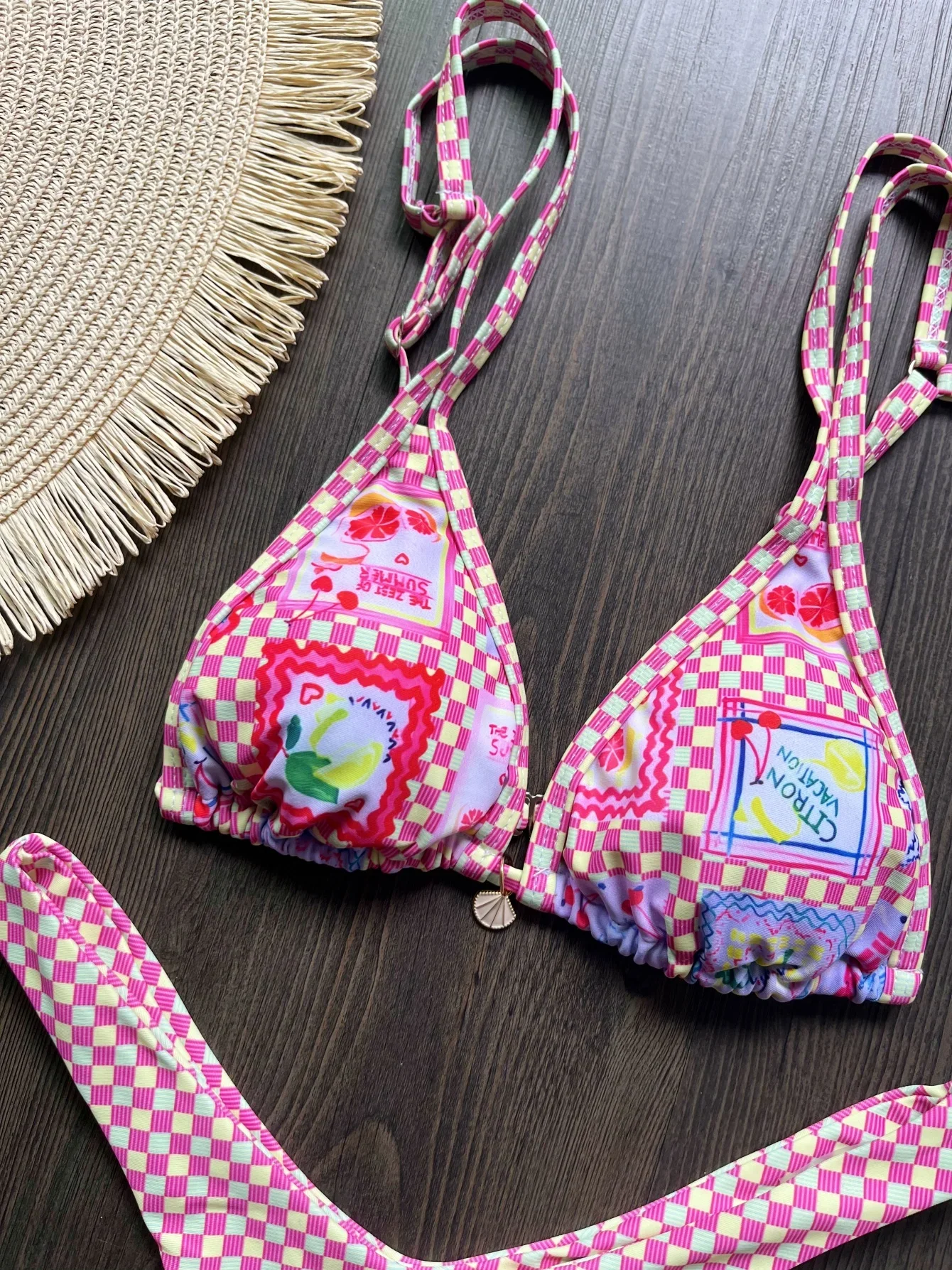 Bikini brasileño con estampado de cuadros para mujer, traje de baño con corte de pierna alta, traje de baño femenino, conjunto de Bikini de dos piezas, bañador