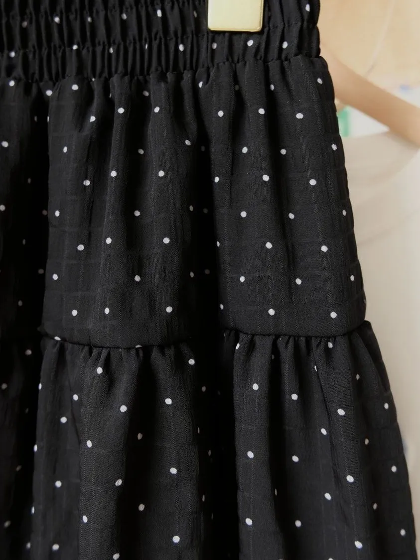 Black Polka Dot Summer Skirt Women's Miniature Texture Chiffon Puffy Half-length Skirt Sweet Wood Grain  Midi Skirt