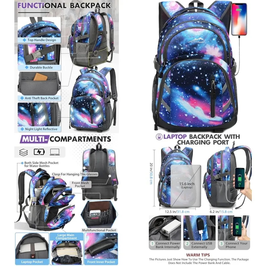 

Backpack Bookbag for College Laptop Travel, Fit Laptop Up to with USB Charging Port Multi Compartment Anti theft, Gift for Wome