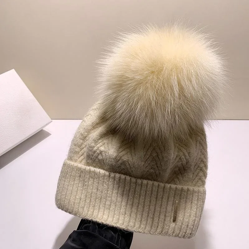 Winter fox Fur Pompom Hats angola Beanie Women Studded Knitted Wool Hats Outdoor Thick Warm Hat Casual Fashion Cap