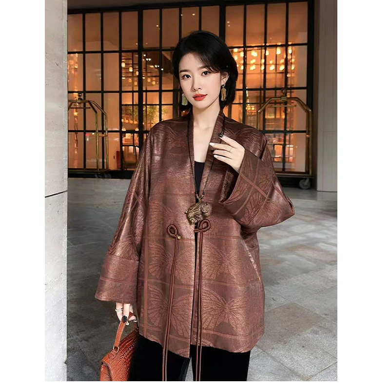 Spring and Autumn New Chinese style V-neck Handmade Single Button Silk Jacquard Loose and Elegant  Women's Coat S-XL