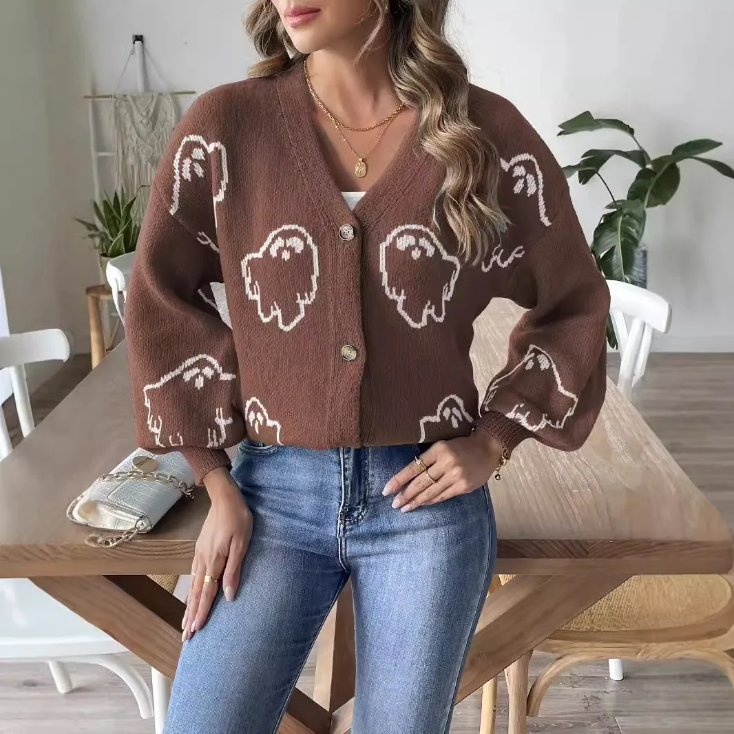 

Knitting Coat Knitwear V Neck Single Breasted Cartoon Print Outerwear Knitted Jacket Autumn Winter 2025 Women Cardigan Sweater