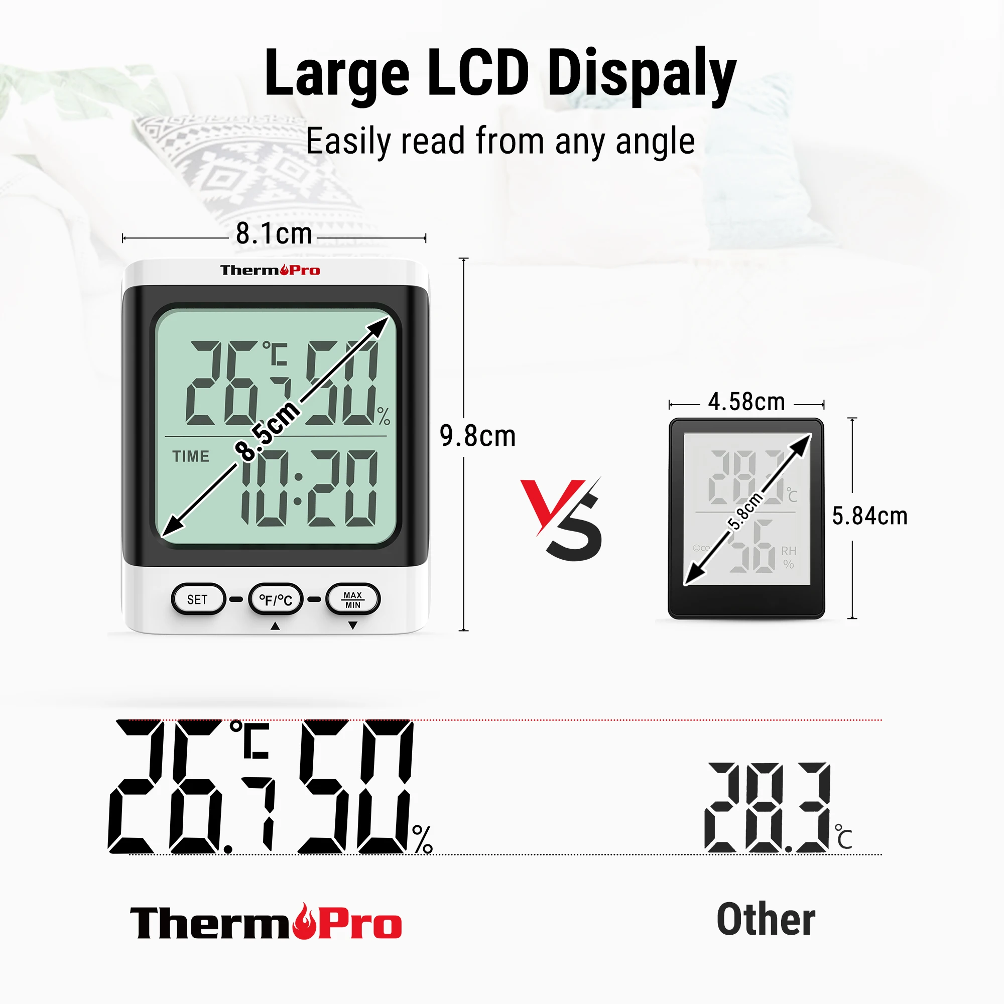 ThermoPro TP152 Large LCD Screen Digital Indoor Home Thermometer Hygrometer With Clock Function