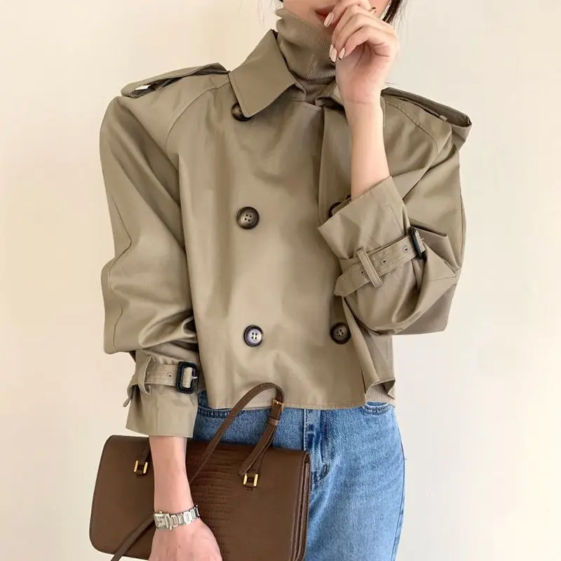 Korean Chiccq Retro Lapel Design Sense Double-breasted Loose Versatile Long-sleeved Short Trench Coat Female Niche Temperament