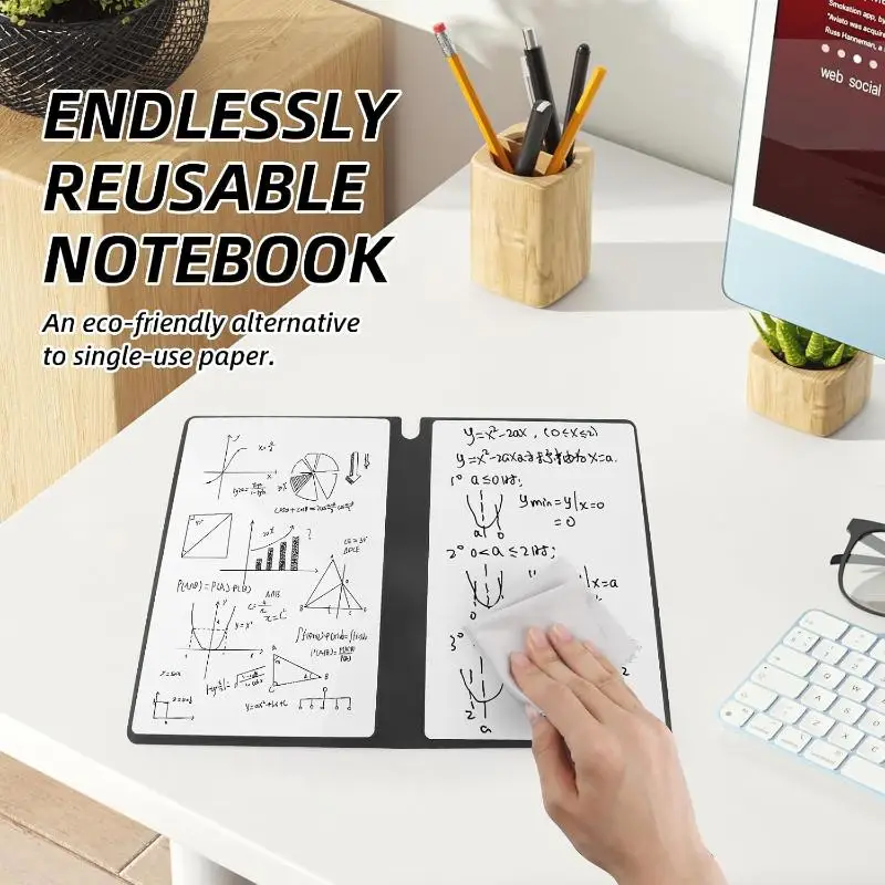 A5 Portable Reusable Whiteboard Notebook Set Leather Cover with Pen Wipe Cloth for Journal Planner Meeting Notes School Use