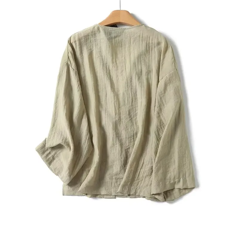 Jenny&Dave French Minimalist Light Jacket Women Vintage Kimono Blouse Green Elegant Wrap Around Shirt Tops