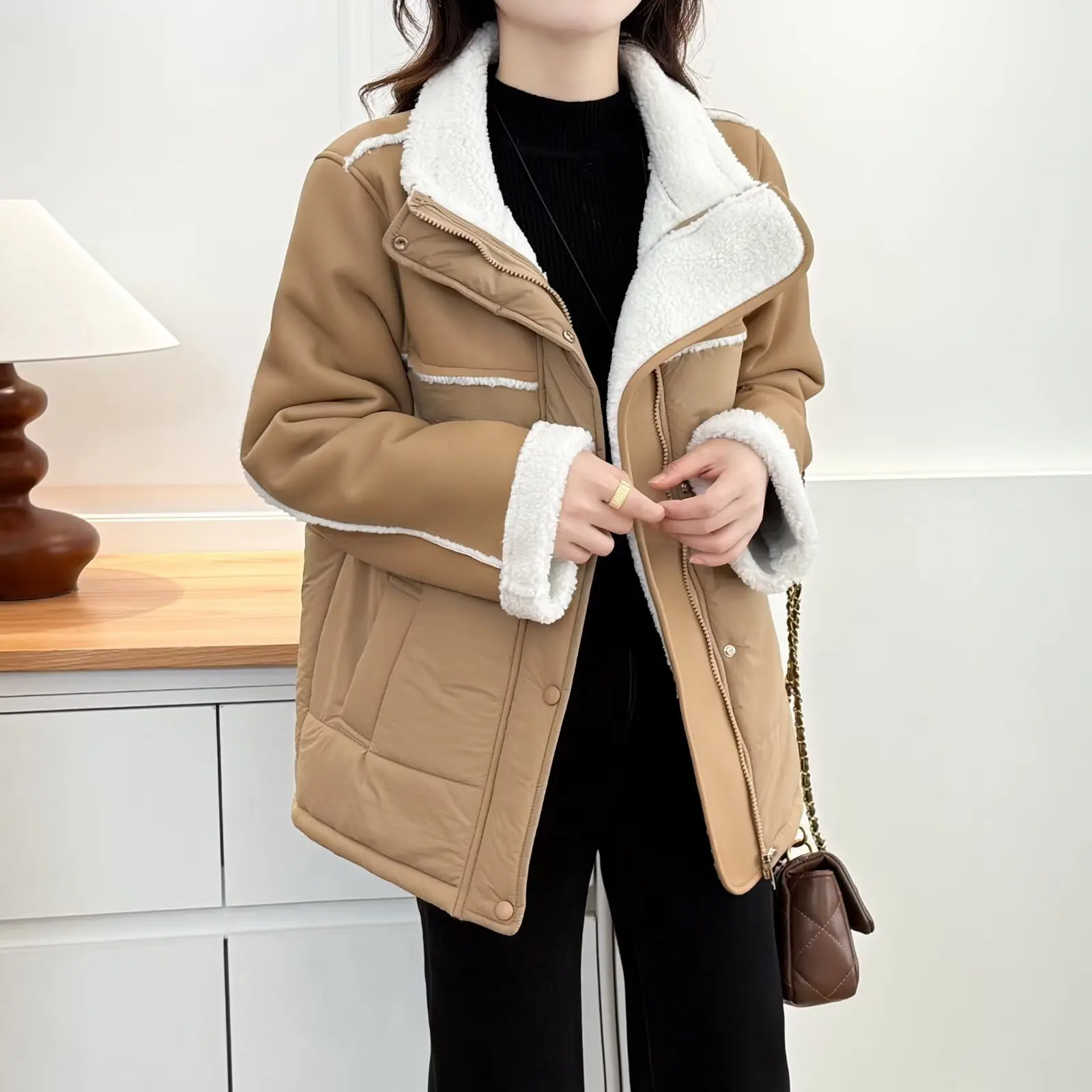 XXXXL Mode Plus Größe Damen Parkas Winter Neue Stilvolle Lammfell Fleece Patchwork Stehkragen Gepolsterte Jacke Warmer Mantel 2256