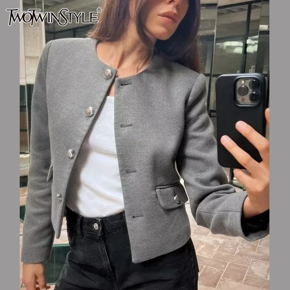 

Женская однотонная куртка TWOTWINSTYLE, повседневная однобортная куртка с круглым вырезом и длинными рукавами,