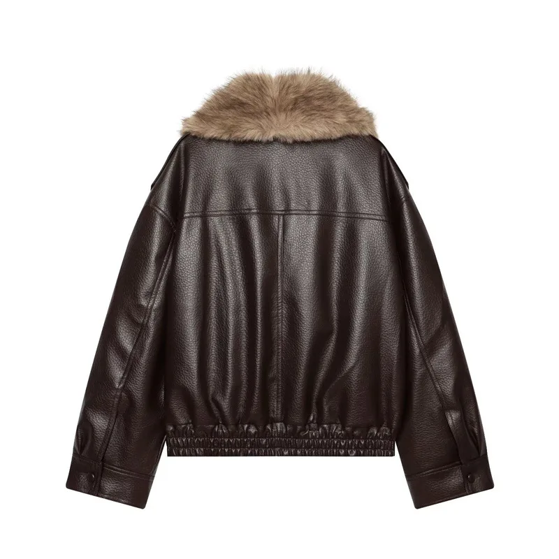PU Imitation Leather Jacket Women's Double-Breasted Detachable Fur Collar Overcoat Autumn Winter Casual Long Sleeved Outerwear