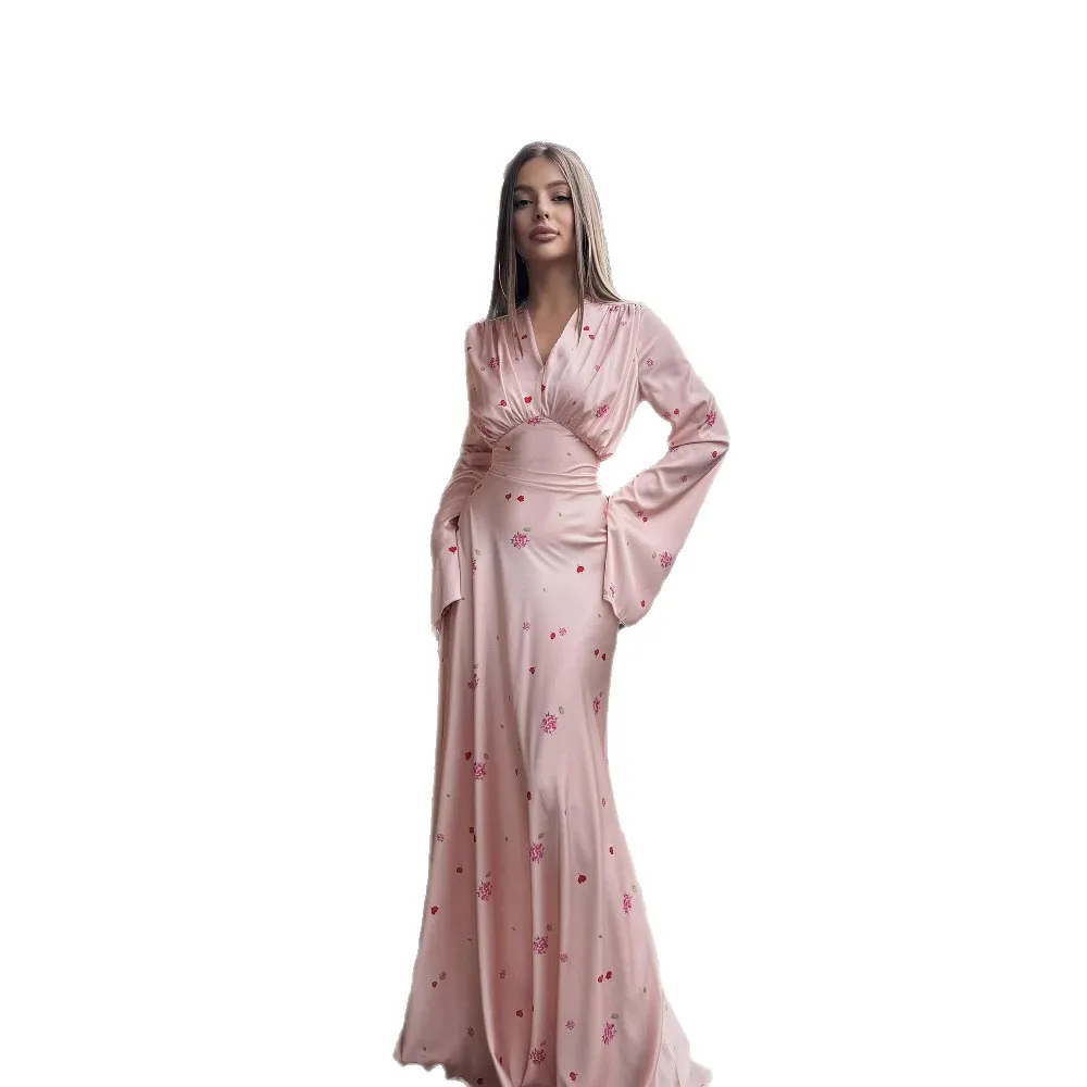 Ele V-Ne cetim estampa maxi Dr cintura ajustável tecido de poliéster tricotado saia evasê longa Sve Neutral Sle