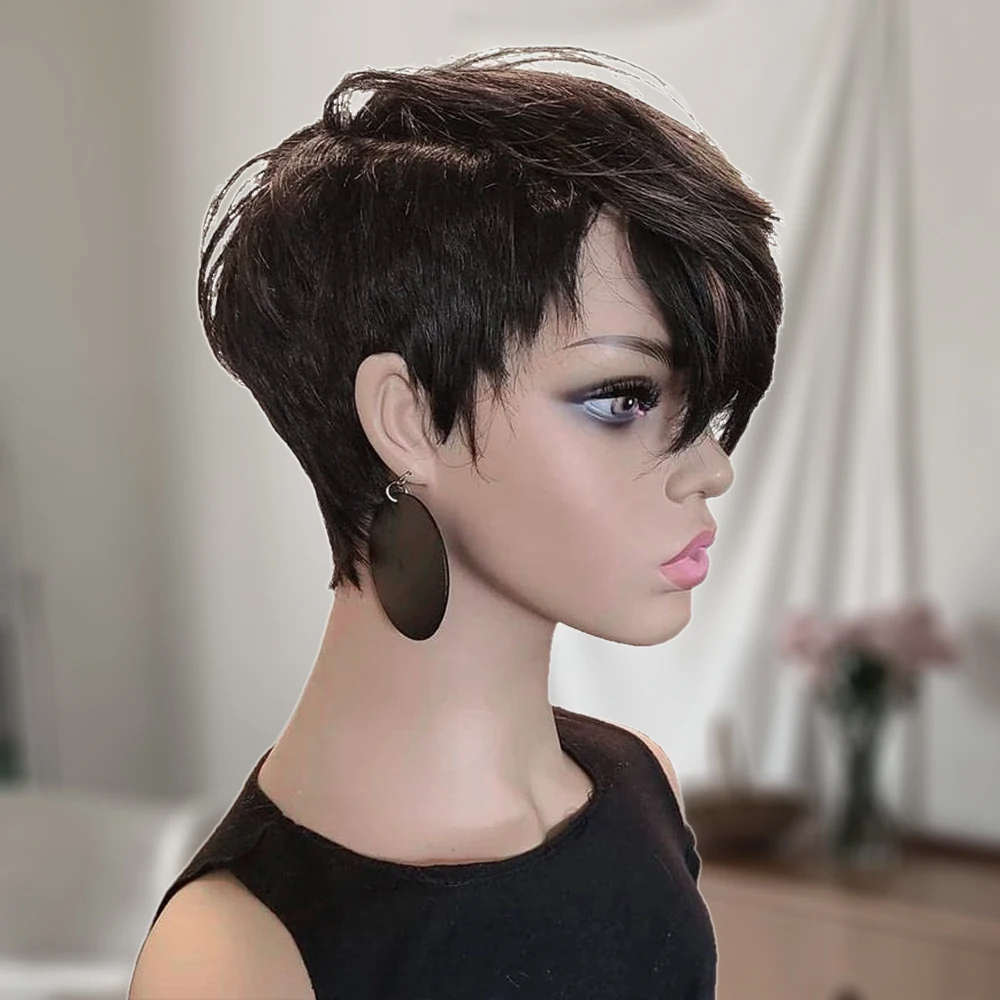 Short Pixie Cut Wig Human Hair with Bangs for Black Women 150% Density Brazilian Remy Hair Easy to Wear Short Machine Made Wig