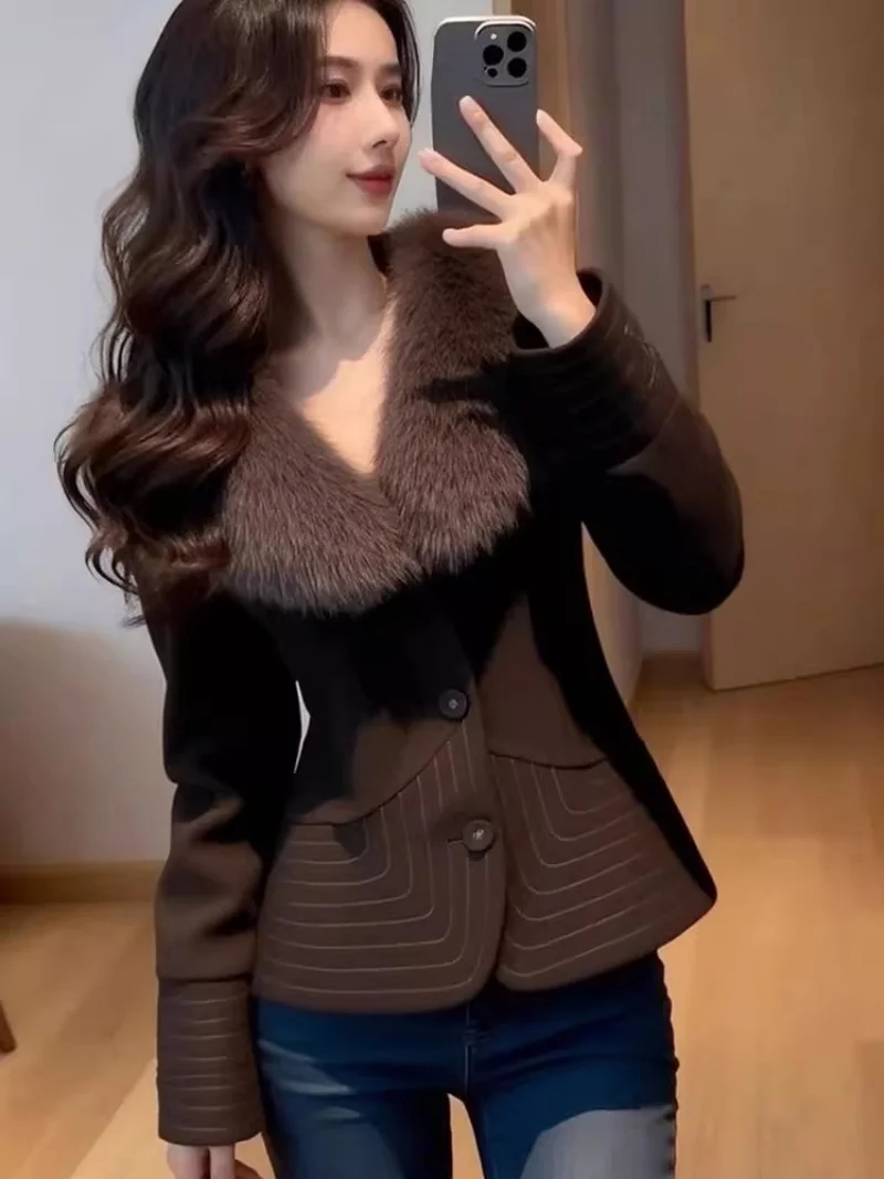 

Women's Fur-Lined Coat Slim Fit Retro Dark Brown Jacket for Autumn Winter Spring 2026 Fashion Elegant Top W2411