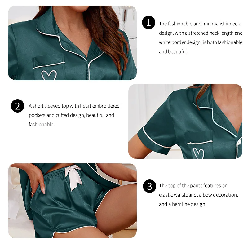 Women\'s Pajama Lounge Set Summer Heart Embroidered Pocket Patched Short Sleeve Shirt & Shorts Pajamas 2 Piece Set Pyjama Femme