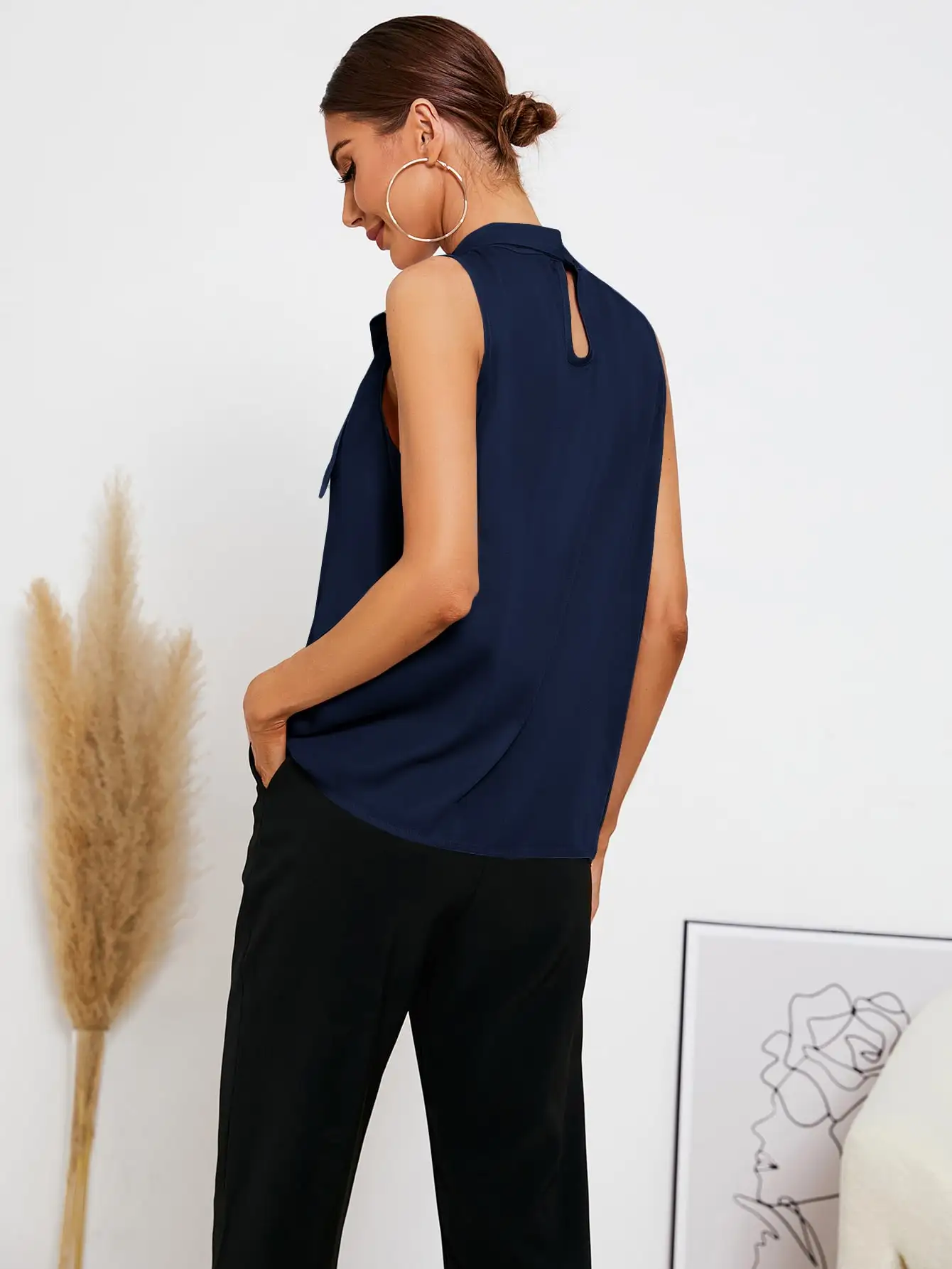 Women\'s Summer Navy Blue Sleeveless Shirt Top Tie Casual Fashion Design A-line Vest Strapless Neck Hanging