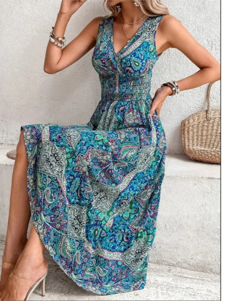 Neue Mode elegante hoch taillierte ärmellose Boho Kleid Sommer Frauen drucken V-Ausschnitt lässig lange Kleider für Frauen Robe Femme