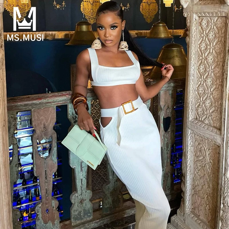 

MSMUSI 2023 New Fashion Women Sexy Bandage Two Piece Set Bodycon Party Strap Sleeveless Top Vest Long Belt Maxi Pant Set Suit