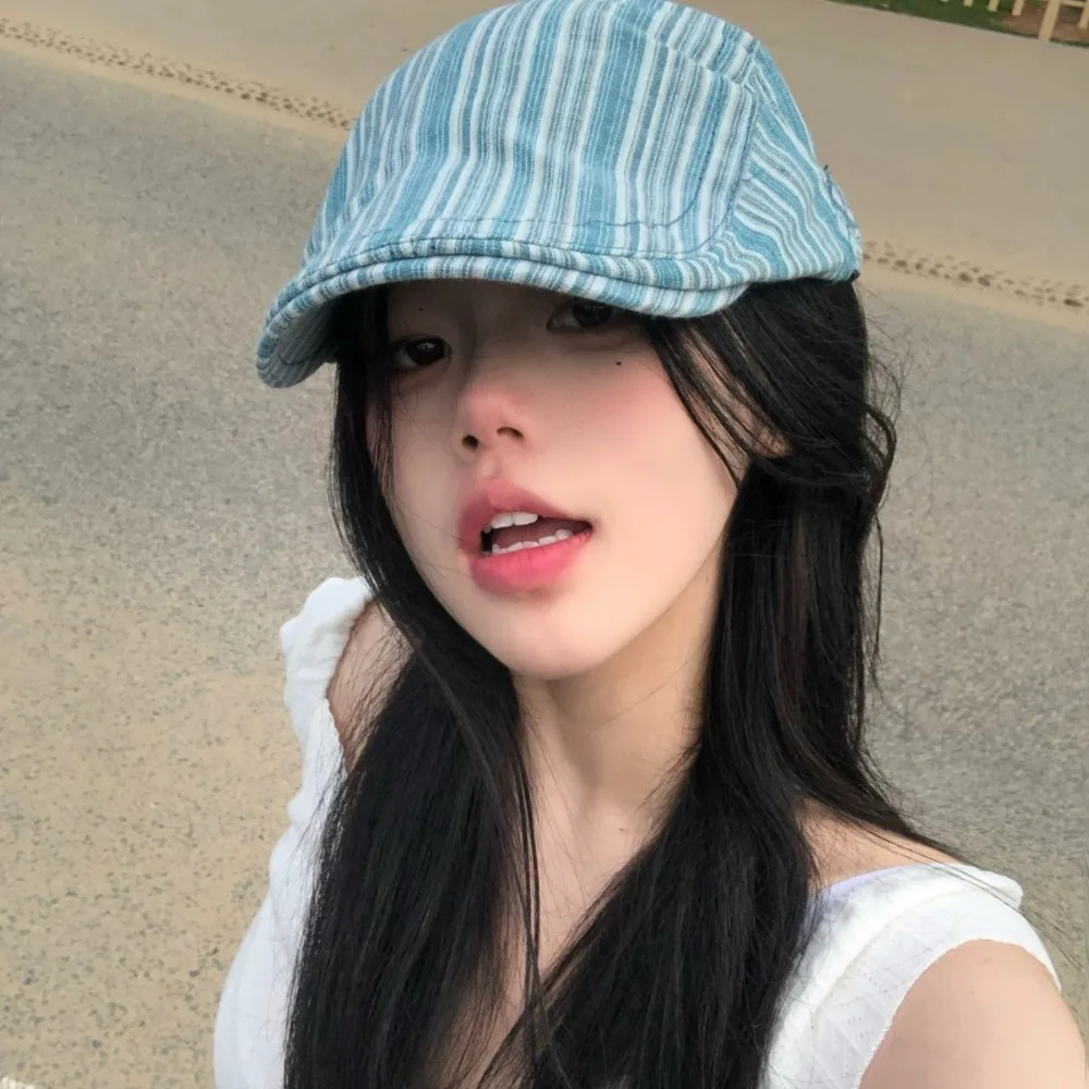 

Fashion Vintage Newsboy Cap Y2k Sunscreen Peaked Caps Striped Casual Painter Hat Female