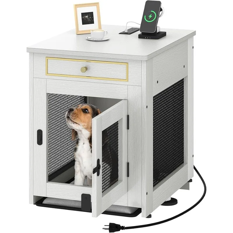

DW O Dog Kennel Furniture with Dual USB Charger, Dog Crate End Table with Tray, Wooden Dog Crate Furniture with Cushion for Smal