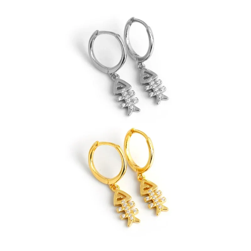 Silver Color Inlaid Zircon Fishbone Earrings for Women Personality Small Ear Buckle Korean Fashion 18K Gold Plated Jewelry image 6