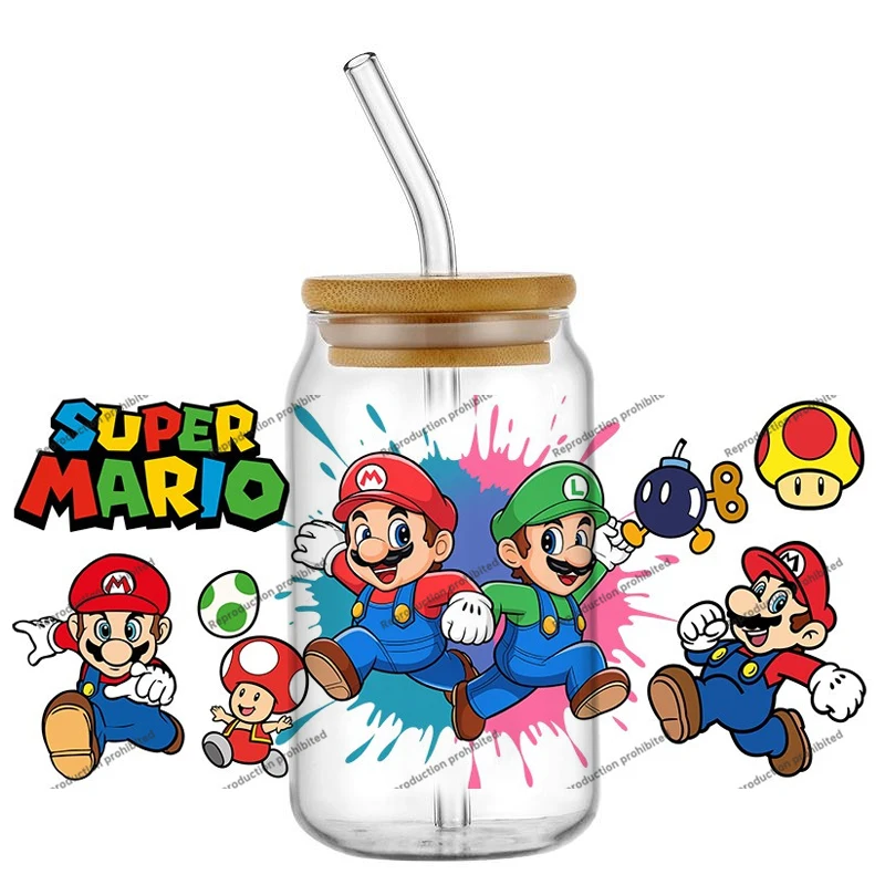 Miniso UV DTF Mario calcomanía dibujos animados juego taza envoltura para 16oz 20oz Libbey DIY lavable transferencias pegatina