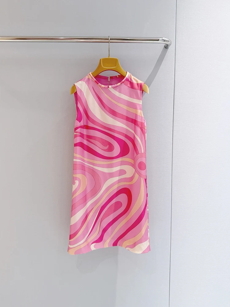 Summer Fashion Daily Casual Geometric Pattern Print Silk Mini Pencil Dress Women's O-Neck Sleeveless Vintage Short Dresses